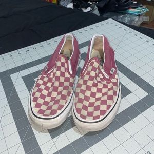 maroon(ish) checkered slip on vans